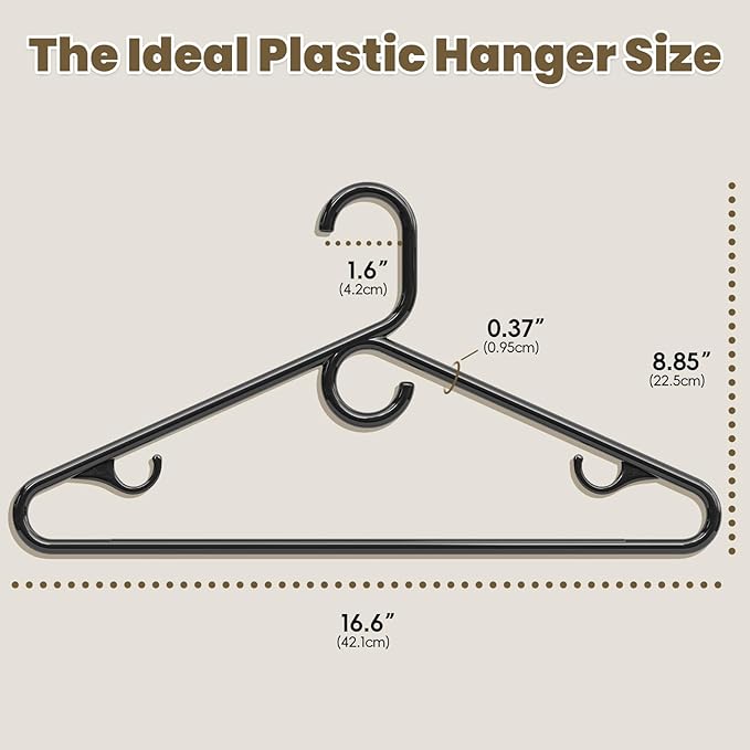 Black Plastic Hangers 36 Pack, Heavy Duty Clothes Hangers with Center Hook & Non-Slip Pants Bar for Standard Size Shirts, Pants, Coat, Dresses, Jackets, Scarves and Belts