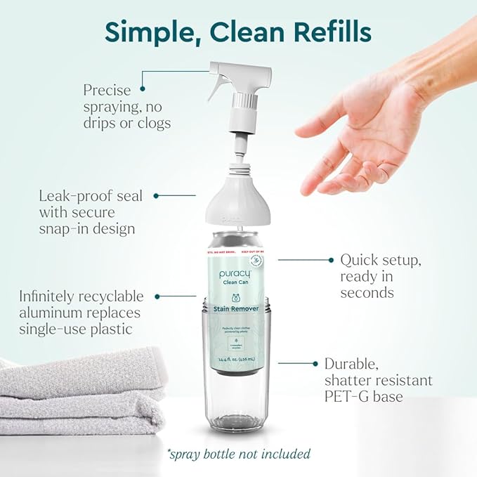 Puracy Clean Can Laundry Stain Remover - Fabric Stain Remover for Clothes Laundry - Stain Treater - Active Enzyme Laundry Stain Remover Spray - Spot Remover for Clothes (3 Pack Refill, Free & Clear)