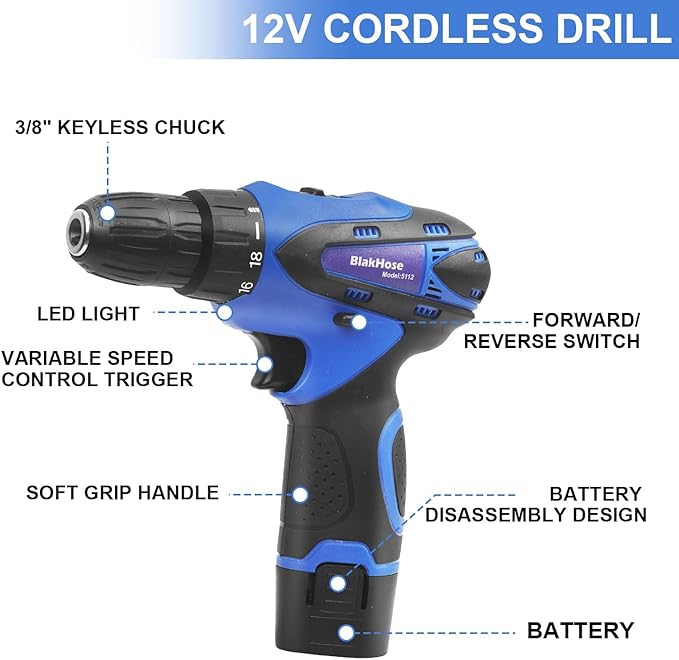 Tool Box-261-Piece Home Tool Kit with 12V Cordless Drill & Accessories | Electric Power Drill Driver Tool Set for House, Garage, Garden, Office DIY Repairs & Projects