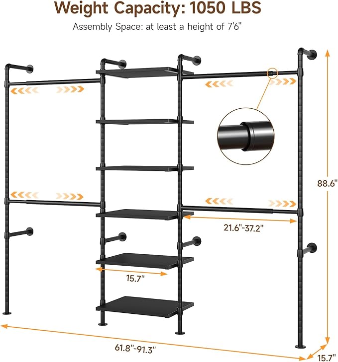 T1 Wall Mounted Closet System, Industrial Pipe Clothing Rack with 6 Wooden Shelves & 4 Telescopic Rods, Heavy Duty Closet Organizers and Storage in Wardrobe Closet (Black)