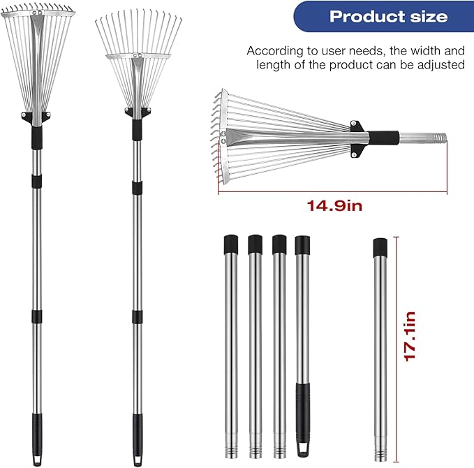 Adjustable Metal-Leaf Rake with Telescopic Handle - Lawn & Garden Tool for Grass, Leaves & Shrubs - Heavy Duty Yard Rake for Adults, Women & Kids
