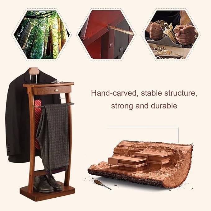 Suit Valet Stand with Tray, Wood Valet Stand for Men, Floor Standing Clothes Valet Stand, Valet Stand for Office Living Room Bed Room 44.4X30X112.2CM (Walnut)