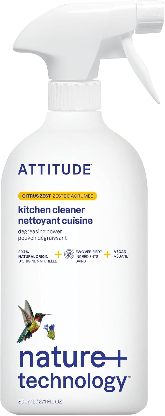 ATTITUDE Kitchen Cleaner Spray, EWG Verified, Degreaser Spray to Cut Grease & Grime, Plant-Based & Vegan, Citrus Zest Scent, 27.1 Fl Oz