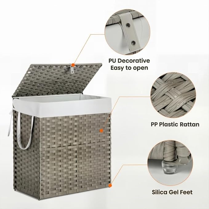 Laundry Hamper with Lid, 90L Foldable Laundry Basket with Removable Liner Bags, Handwoven Synthetic Rattan Clothes Hamper for Bathroom, Bedroom, Laundry Room, Grey