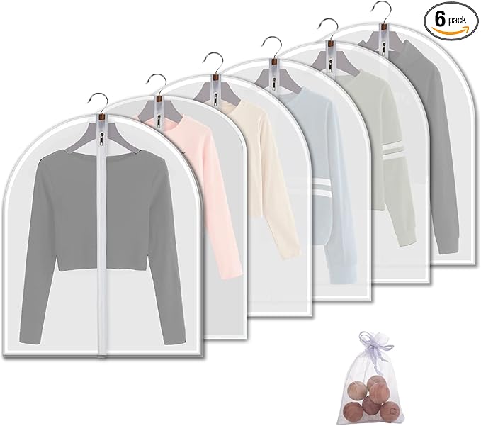 MsKitchen 6 Pack Short Garment Bags (24x31") - Dustproof Covers for Kids Clothes - Durable PEVA Storage Bags with Sturdy Zipper for Dance Costumes, Tops & Folded Pants (Translucent)