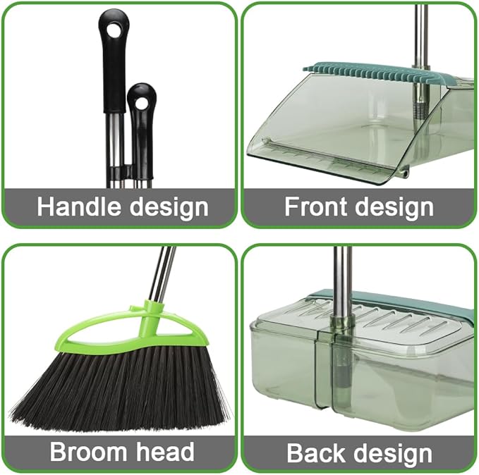 Soft Bristles Green Angle Broom and Dustpan Set, Long Handle Household Indoor Broom with Dustpan Combo Set for Room Kitchen Lobby Office Hardwood Floor Sweeping Floor Cleaning