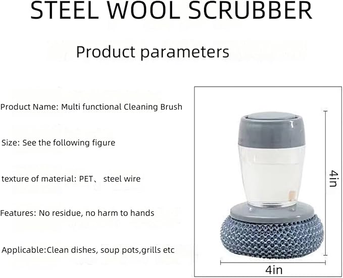 Soap Dispensing Dish Brush Cleaning Steel Wool Scrubber for Dishes Pans Kitchen Sink Bathtub Tile and Household