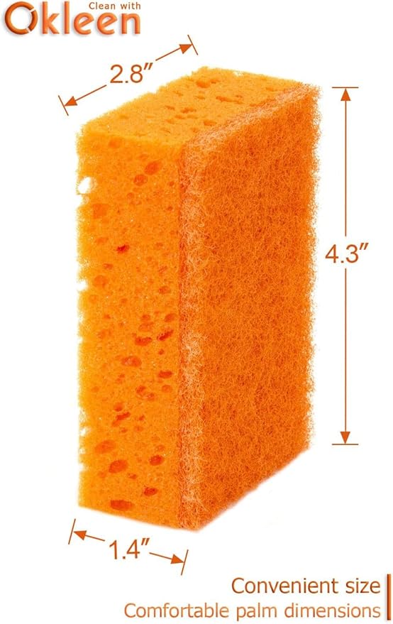 Orange Multi Use Scrub Sponge. Made in Europe. 18 Pack, 4.3x2.8x1.4 inches. Odorless Heavy Duty and Non Scratch Fiber. Durable and Delicate Scrubber for Oven and Stove, Bathroom and Basement
