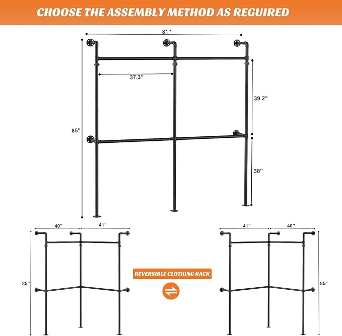 Aheaplus Industrial Pipe Clothing Rack, Reversible 6.75FT Clothes Rack for Hanging Clothes, Heavy Duty Garment Racks, Wall Mounted Closet Wardrobe Racks, Corner L Shaped Walk-in Closet System, Black