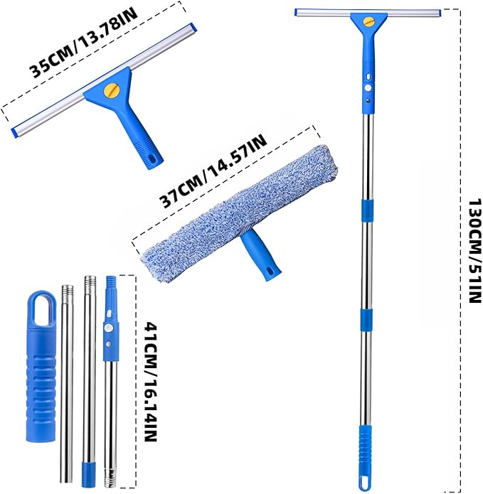 Professional Window Cleaning kit, 2-in-1 Window Squeegee with 51" Extension Poles, Suitable for Indoor & Outdoor Windows, High Glass, High Windows, Multi-Purpose Car Windshield Cleaning