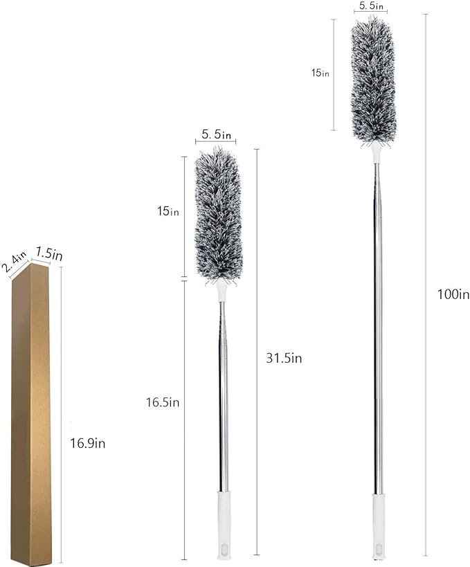 Lomida Microfiber Duster with Extension Pole(Stainless Steel), Extra Long 100 inches, with Bendable Head, Extendable Duster for Cleaning High Ceiling Fan, Interior Roof, Cobweb, Gap Dust Wet or Dry