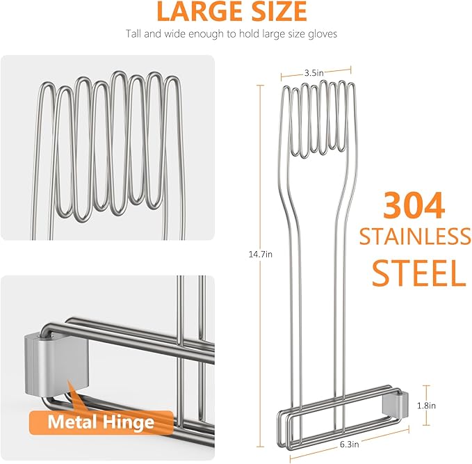 KORRTFID Kitchen Glove Holder,Stainless Steel Glove Rack,Kitchen Vertical Glove Support Multi-Purpose Glove Drain Rack,Collapsible Glove Drying Stand,Rubber Glove Drying Rack,Mitten Rack(Large)