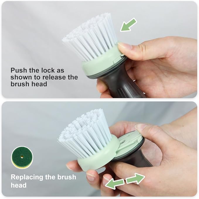 CQT Dish Brush with Soap Dispenser – One-Press Suds, Built-in Scrubbing Pad, Non-Slip Handle for Pots, Pans & Non-Stick Cookware – Includes 2 Refill Heads