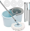 Spin Mop and Bucket with Wringer Set, 360° Spinning Mop Bucket System with 3 Microfiber Mop Replacement Heads, Adjustable Handle for Floor Cleaning (Light Blue)