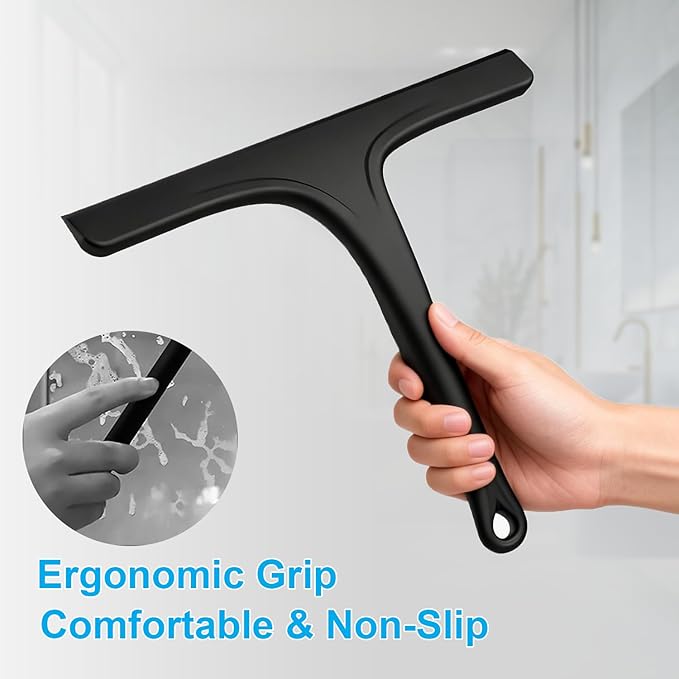 Silicone Shower Squeegee for Bathroom Glass Doors, with Hanging Hole for Easy Storage, Removes Water Spots from Windows, Mirrors, Tiles & Kitchen Surfaces-Black, 10 Inch