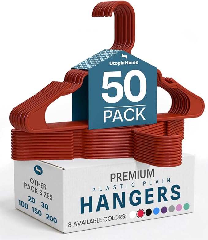 Utopia Home Plastic Hangers 50 Pack - Perfect Space Saving Clothes Hanger - Durable and Strong - Perfect Closet Organizers with Shoulder Grooves (Red)