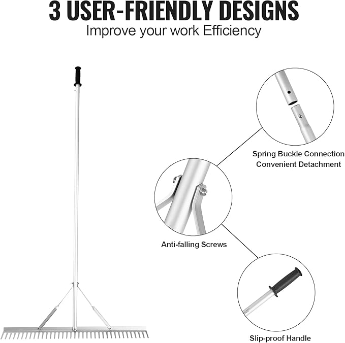 VEVOR Landscape Rake, 36" Head Aluminum Lake Weed Rake with 75" Long Handle for Loosening Soil, Lawn Care, Weeding Lake, Garden, Silver