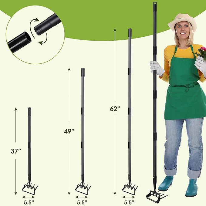 INFLATION Heavy Duty Metal Gardening Weed Puller Tool 4 Tines Prong 2-in-1 Herb Stripper Yard Rake for Women Kids Men Garden Grandpas Weeder 32-62 inch Long Adjustable Handle