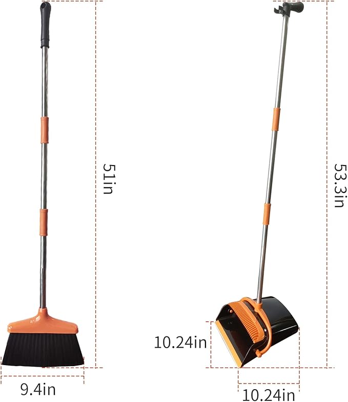 Broom and Dustpan Set for Home Long Handle (51" Length) Extendable Standing Dust Pan for Indoor Lobby Office Kitchen Cleaning (Black and Orange)