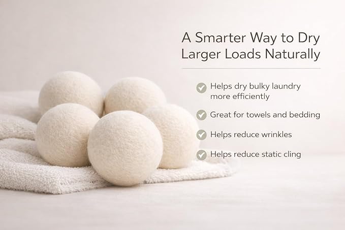 XL Wool Dryer Balls 6 Pack, 3 Inch, 100% New Zealand Wool, Reusable Natural Fabric Softener for Towels, Bedding and Larger Loads, Helps Reduce Drying Time, Wrinkles and Static Cling