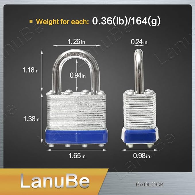 LanuBe Lock Laminated keyed Padlock (1-9/16", 40mm), keyed Alike Locks, Normal Shackle, Pack of 12…