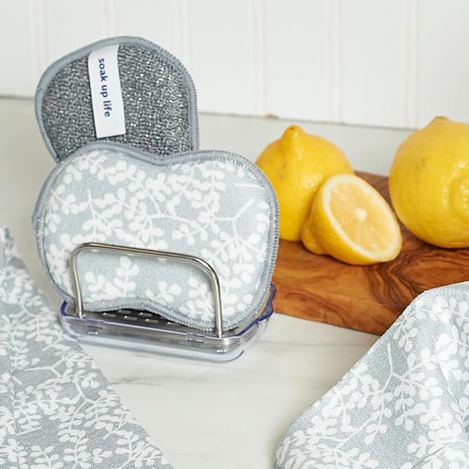 Sponge Set in Laurel Grey, 6 Pack Super Absorbent Washable Reusable Cleaning Sponges Made from Recycled Materials, Durable Eco Friendly Kitchen Sponges