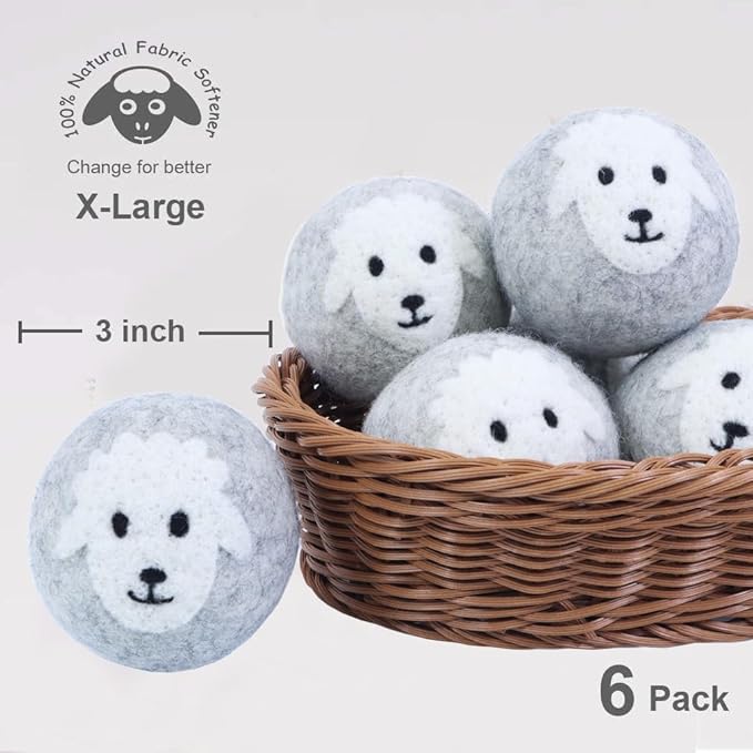 Budieggs Wool Dryer Balls Organic XL 6-Pack, 100% New Zealand Chemical Free Fabric Softener for 1000+ Loads, Baby Safe & Hypoallergenic, Reduce Wrinkles & Shorten Drying Time Naturally (Grey Sheep)