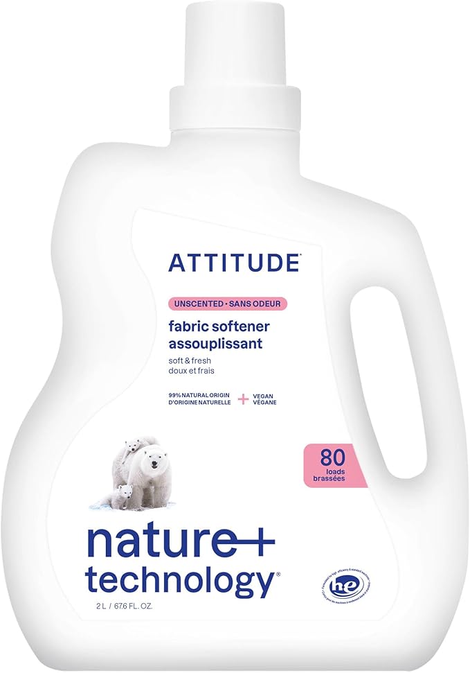 ATTITUDE Liquid Fabric Softener, Plant-Based & Vegan, HE Compatible, Naturally Derived, Unscented, 80 Loads, 67.6 Fl Oz