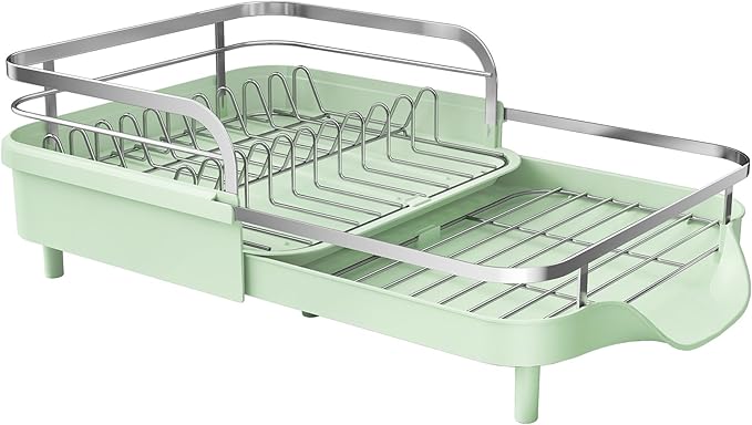 SAYZH Dish Drying Rack - Expandable Dish Rack for Kitchen Counter, Rust-Resistant Dish Drainer with Utensil Holder and Raised Guardrail, Kitchen Organizer for Cup and Bottle (Green)
