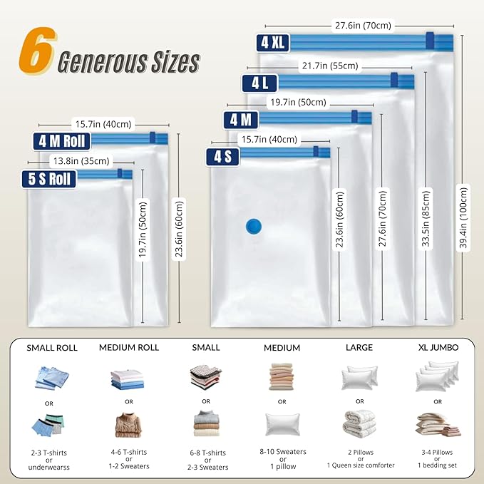 25 Pack Vacuum Storage Bags with Pump, Compression Space Saver for Comforter, Bedding, Blanket Storage, Vacuum Seal Bags for Clothing, Travel Luggage Suitcase and Closet Organizer