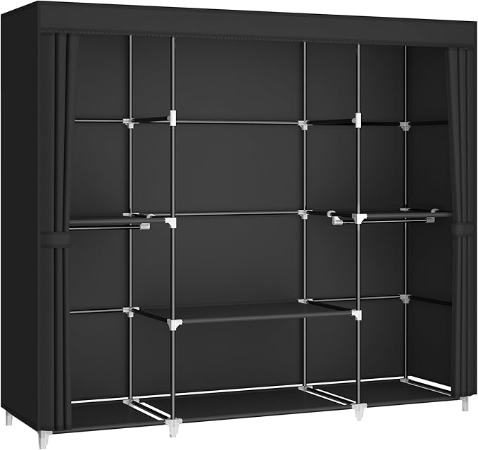 MOGELAFOO 64.5" Closet Wardrobe, Portable Closet for Bedroom, Freestanding Clothes Rack with Non-Woven Fabric Cover, 5 Hanging Rods, 6 Storage Shelves, Clothes Storage Organizer, Black