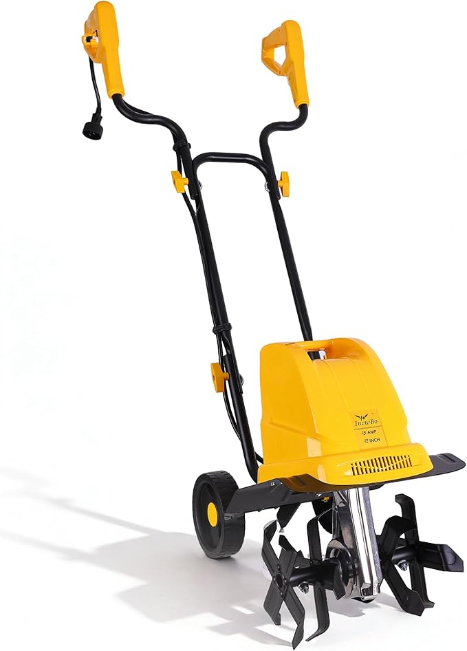 Electric Tiller/Cultivator 4 Steel Tines, Garden Roto Tillers for Gardening, 15Amp 12 Inch Corded Rototiller with Adjustable Wheels