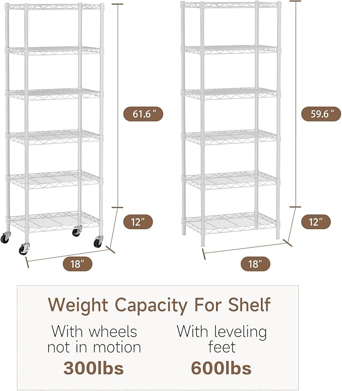Golpart Small 6 Tier Shelf Storage Wire Shelving Unit Metal Shelves Adjustable Organizers Storage Shelving with Wheels for Bathroom Laundry Room Kitchen Pantry12”D x 18”W x 61.6”H White