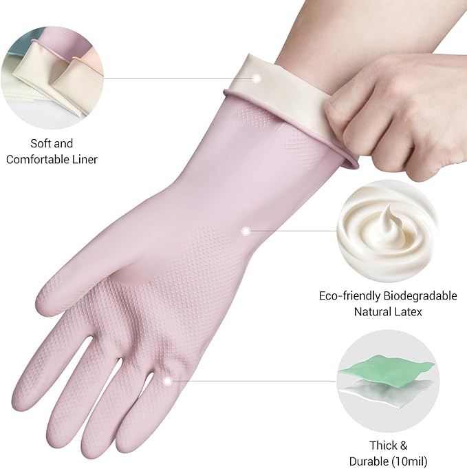 ThxToms 4 Pairs Reusable Rubber Gloves, 13" Natural Latex, 10mil Thick Heavy Duty Dishwashing & Cleaning Gloves, Non-Slip Grip, Multi-Color, Ideal for Kitchen, Bathroom, Car, & Garden Cleaning, Small