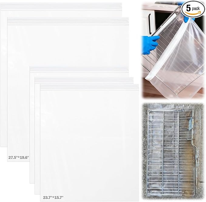 XANGNIER 5 Pack No Scrub Oven Rack Cleaning Bags,No Cleaner Included,Simple to Use,No Messy Hands Reusable Leakproof Soaking Cleaner Bags for Removable Metal Rack,BBQ Grills,Grill Grate