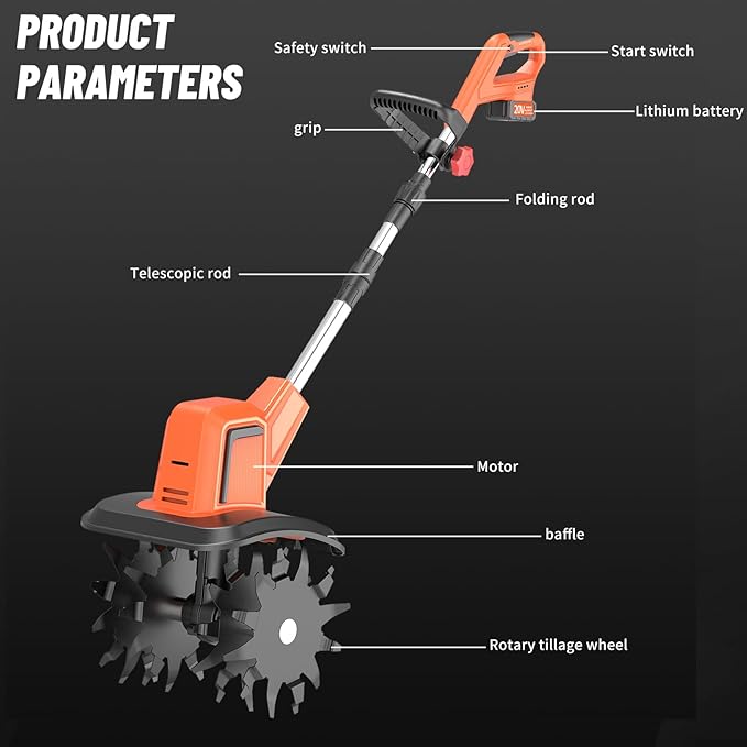 Electric Cordless Tiller Cultivator, Electric Garden Tiller for Lawn/Gardening/Soil Cultivation,360RPM, 9.06-in Width, 48 Steel Tines, (2 * 4.0Ah Batteries, Charger, Safety Gloves,Glasses)