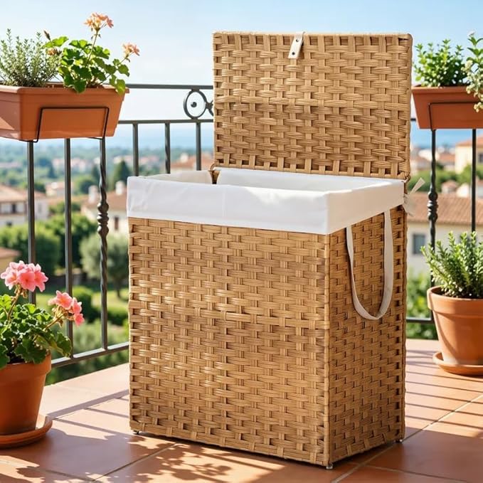Laundry Hamper with Lid, 110L Foldable Laundry Basket with Removable Liner Bags, Handwoven Synthetic Rattan Clothes Hamper for Bathroom, Bedroom, Laundry Room, Yellow