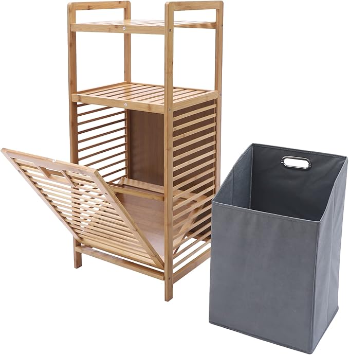 LOYALHEARTDY 37.4'' Tilt Out Laundry Hamper, 2-Tier Bamboo Laundry Hamper Cabinet Floor Stand Bathroom Storage Shelf Cabinet Clothes Organizer Laundry Shelf for Laundry Room Bathroom Bedroom
