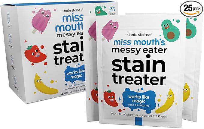 Miss Mouth's Messy Eater Stain Treater Wipes - 25 Pack Stain Remover - Newborn & Baby Essentials - No Dry Cleaning Food, Grease, Coffee Off Laundry, Underwear, Fabric