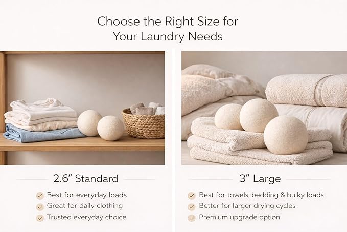 XL Wool Dryer Balls 6 Pack, 3 Inch, 100% New Zealand Wool, Reusable Natural Fabric Softener for Towels, Bedding and Larger Loads, Helps Reduce Drying Time, Wrinkles and Static Cling