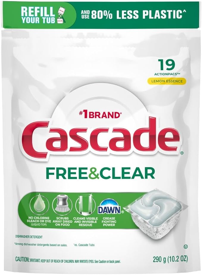 Cascade Free & Clear Dishwasher Pods, Dishwasher Detergent, Dish Detergent Soap, Lemon Essence, 19 Count