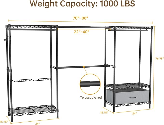 Golpart Coat Rack Clothes Wardrobe：Closet Organizer and Storage Clothing Garment Rack with Shelves Heavy Duty for Hanging Clothes Portable Adjustable Black 15.8" DX69 WX76.5 H