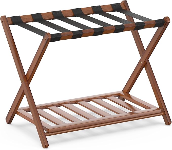 BAMBOOHOMIE 2 Pack Bamboo Luggage Rack for Guest Room, 26.77" Folding Wide Suitcase Stand with Storage Shelf, Thickened Luggage Stand Holder for Bedroom Hotel, Luggage Rack for Suitcases (Brown)