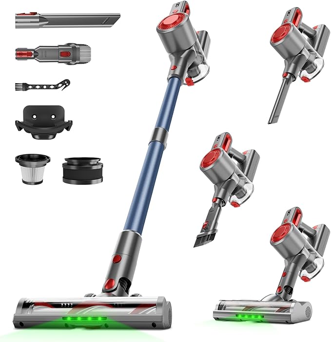 Honki Cordless Vacuum Cleaner for Home, Powerful Stick Vacuum with Rechargeable Battery, Green Light Anti-Tangle Brush, 6-in-1 Lightweight Handheld Vacuum for Pet Hair, Hard Floor, Carpet, Red