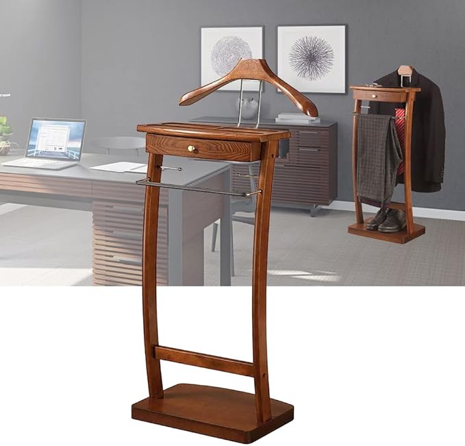Suit Valet Stand with Tray, Wood Valet Stand for Men, Floor Standing Clothes Valet Stand, Valet Stand for Office Living Room Bed Room 44.4X30X112.2CM (Walnut)