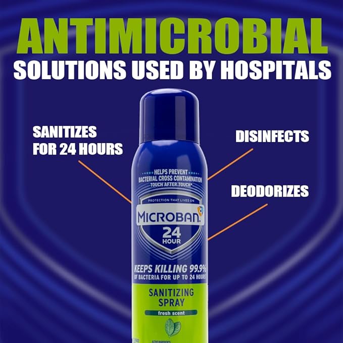 MICROBAN Sanitizing Spray, 15 oz., 2 Pack, Fresh Scent, Disinfects, Sanitizes, Eliminates Odors, and Keeps Killing 99.9% of Bacteria on Hard, Non-Porous Surfaces in Home for up to 24 Hours