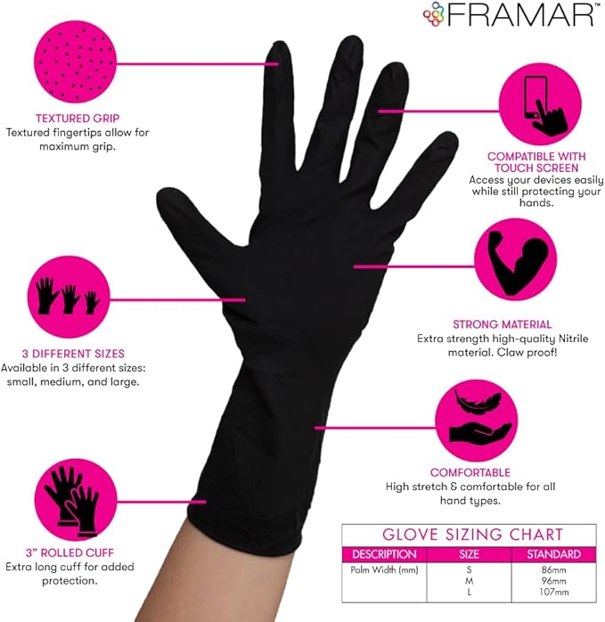 FRAMAR Powder Free Nitrile Gloves Medium – 12 INCH Black Gloves Disposable Latex Free, Guantes De Nitrile, For Hair Dye, Cleaning, Tattoo – Extra Durable & Resistant – 100 Pack