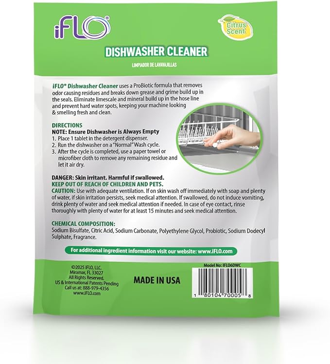 iFLO Dishwasher Cleaner Tablets with iFLObiotic – Deep Cleaning Dishwasher and Deodorizer Tablets to Eliminate Dish Washer Odor, Remove Residue & Freshen Dish Washer Machine Cleaner, 6 Pack