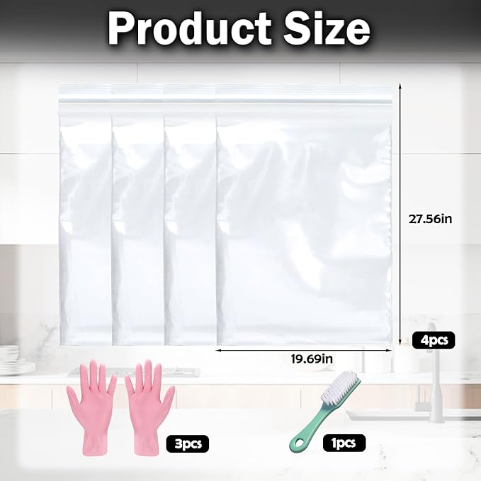 Mity rain 4 packs oven rack cleaner bags kit,Reusable No Scrub Oven Rack Cleaning Bags,Three gloves and one brush,four(19.69*27.56 inch)Leak-Resistant PE Bags,for Deep Soaking Grill Grates, BBQ Racks