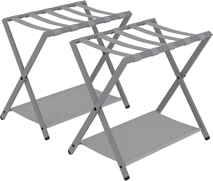 Hzuaneri Luggage Rack, Folding Suitcase Stand for Guest, Foldable, Luggage Holders with Shelf, Steel Frame with Nylon Straps for Bedroom, Hotel, Holds up to 154 lb, Grey, 2 Pack LR03999G